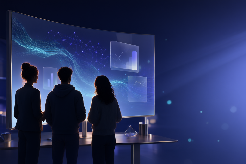 Three people in front of a large display showing data visualisations
