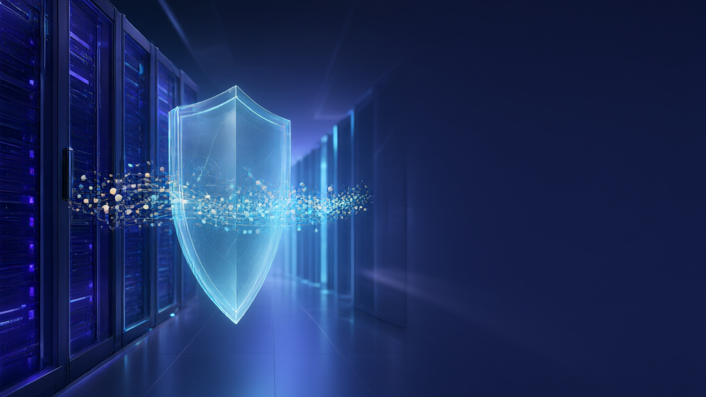 Translucent shield floating in a server room corridor