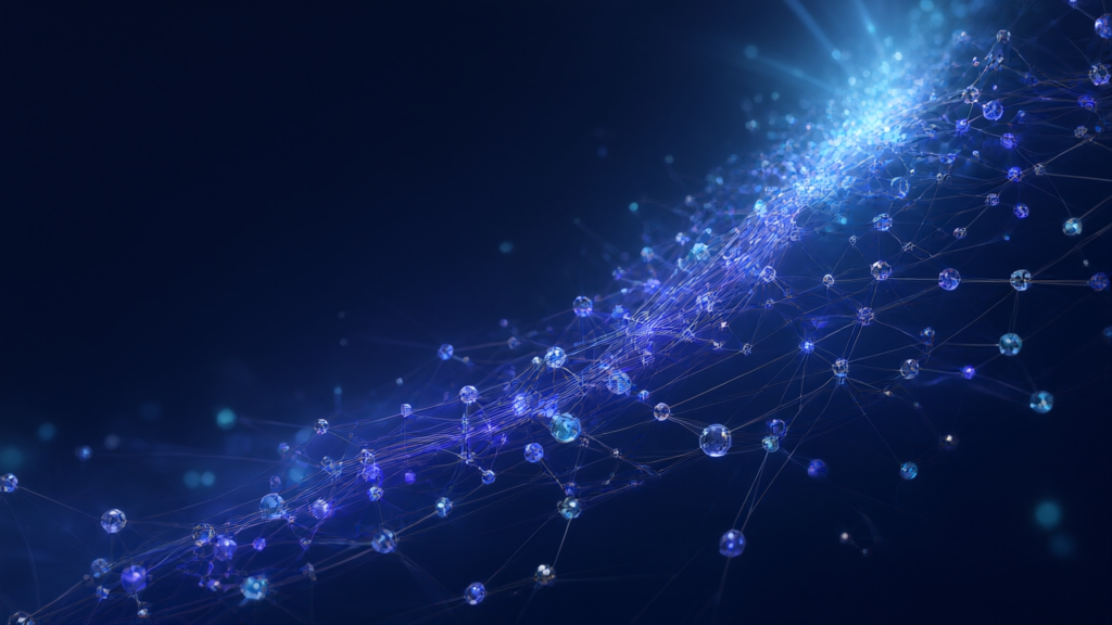 Connected node network glowing along a beam of light